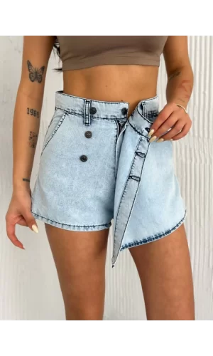 Kot Jeans Kesimetrik Kesim Cepli Şortlu Etek - Gri