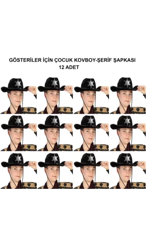 Kovboy Şerif Şapkası Siyah 12 Adet - Kostüm, Parti Ve Gösteri Şapkası