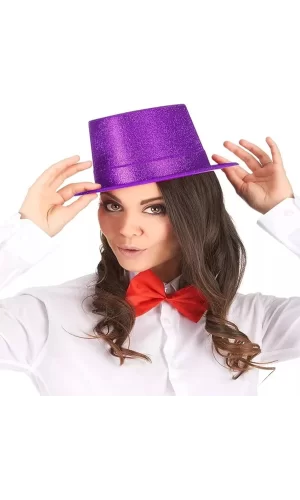 Koyu Mor Renk Violet Parıltılı Simli Fötr Silindir Parti Şapkası