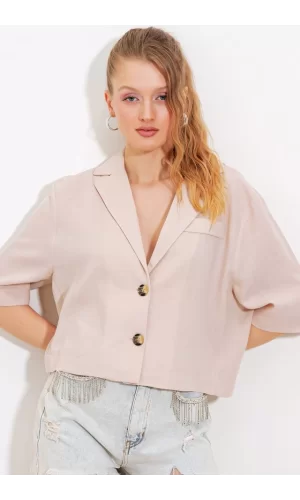 Krem Çift Düğmeli Oversize Crop Keten Ceket 0706