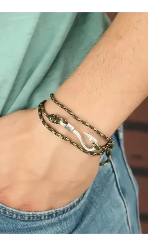 Krem Çizgi Desenli Metal Kancalı Erkek Bileklik