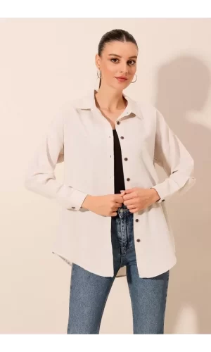 Krem Düz Oversize Uzun Basic Gömlek 3900