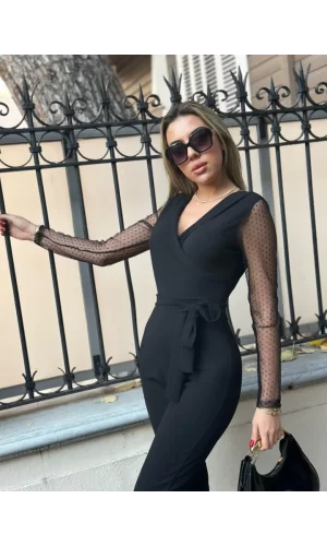 Krep Kumaş Kol Tül Puan Detaylı Kuşaklı Tulum 141 Cm