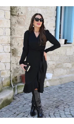 Krep Kumaş Midi Boy Kuşaklı Uzunkol Elbise 113 Cm