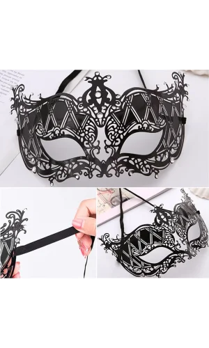 Kristal Gümüş Taşlı Siyah Lazer Kesim Metal Lüks Maske