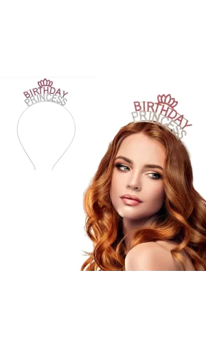 Kristal Taşlı Birthday Princess Yazılı Parti Tacı Pembe Renk
