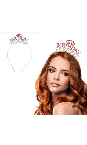 Kristal Taşlı Pembe Birthday Princess Yazılı Parti Tacı 19x11 Cm