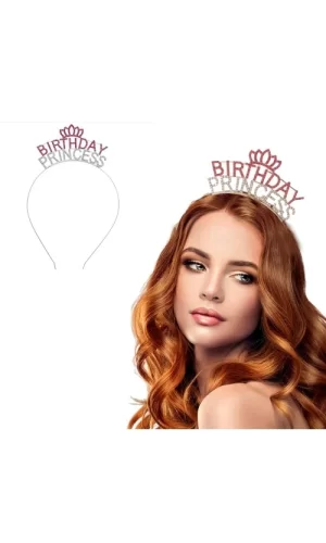 Kristal Taşlı Pembe Birthday Princess Yazılı Parti Tacı 19x11 cm