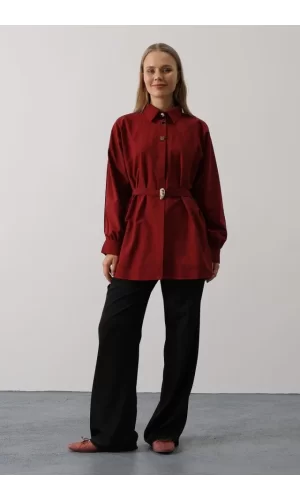 Kuşak Detaylı Tunik Gömlek - Bordo