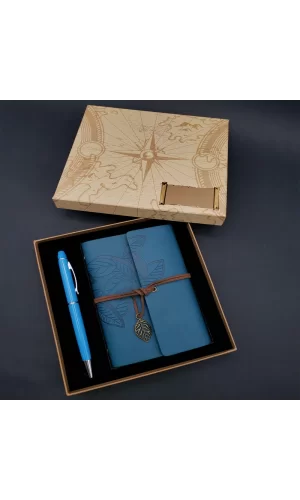 Kutulu Yaprak Desenli Mavi Deri Defter Ve Kalem Seti