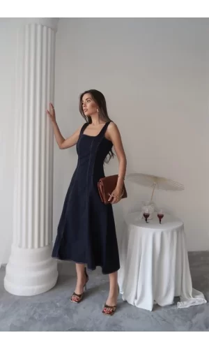 Lacivert Çift Dikişli Gabardin Elbise