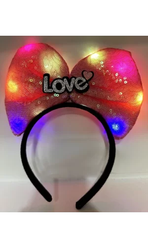 Led Işıklı 3 Farklı Fonksiyonda Yanan Gümüş Love Yazılı Fuşya Pembe Fiyonk Taç 20x17 Cm