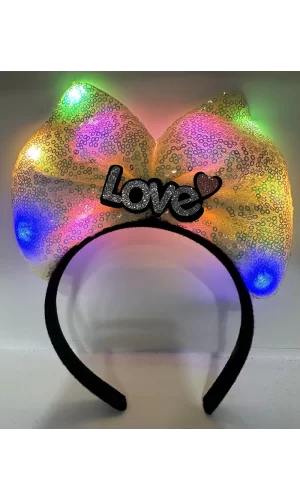Led Işıklı 3 Farklı Fonksiyonda Yanan Gümüş Love Yazılı Sarı Fiyonk Taç 20x17 Cm
