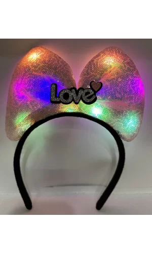 Led Işıklı 3 Farklı Fonksiyonda Yanan Gümüş Love Yazılı Toz Pembe Fiyonk Taç 20x17 Cm