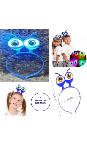 Led Işıklı  Pilli 3 Farklı Modda Yanan Uzaylı Göz Parti Tacı Mavi Renk 18x12 Cm