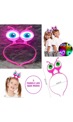 Led Işıklı  Pilli 3 Farklı Modda Yanan Uzaylı Göz Parti Tacı Pembe Renk 18x12 Cm