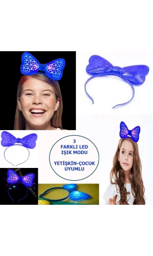 Led Işıklı  Pilli 3 Farklı Modda Yanan Yıldızlı Fiyonk Parti Tacı Mavi Renk 19x15 Cm
