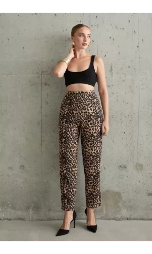 Leopar Desenli Kumaş Pantolon