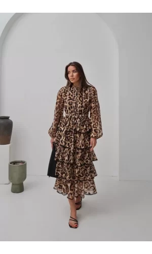 Leopar Volanlı Şeritli Uzun Elbise