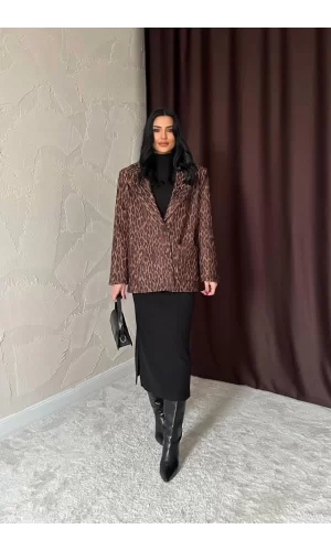 Leopar Yakası Kürk Garnili Desenli Ceket