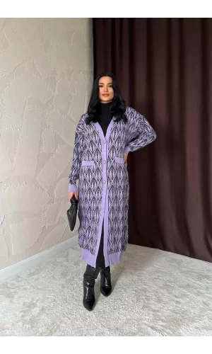 Lila Düğmeli Triko Hırka