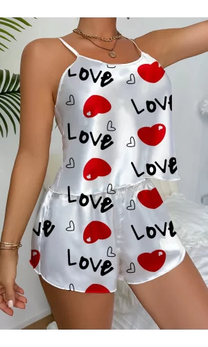 Love Desenli Beyaz Saten Şortlu Gecelik Takım