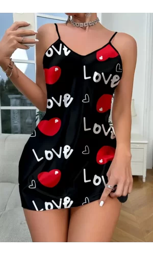 Love Desenli Siyah Saten Gecelik