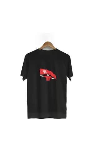 Luz&Pos 1 Mayıs Emekçilerimiz İçin Özel Tasarım Bayraklı Emekçi Baskılı T-shirt - Siyah