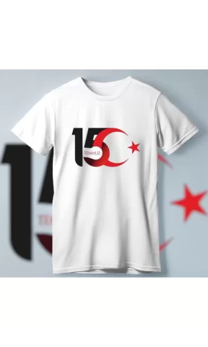 Luz&Pos 15 Temmuza Özel Tasarım Ay Yıldız Baskılı T-shirt - Beyaz