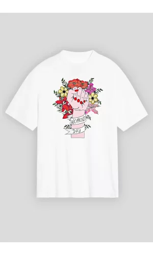 Luz&Pos 8 Mart Dünya Kadınlar Günü İçin Özel Baskılı T-shirt - Beyaz