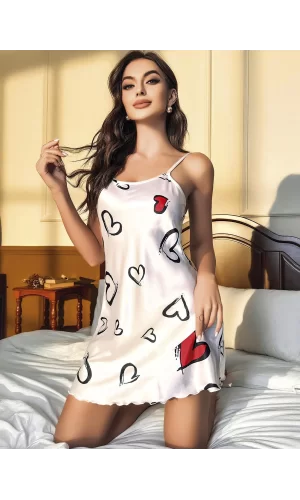 Luz&Pos Arias Closet Beyaz Kalp Desenli Saten Mini Fantezi Gecelik