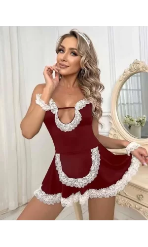 Luz&Pos Arias Closet Bordo Beyaz Aksesuarlı Dantelli Fantezi Hizmetçi Kostümü