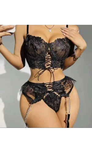 Luz&Pos Arias Closet Büstiyerli Dantel Fantezi Siyah Jartiyer Takımı