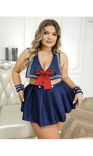 Luz&Pos Arias Closet Büyük Beden Lacivert Büstiyerli Kurdela Detaylı Mini Etekli Fantezi Denizci Kostümü