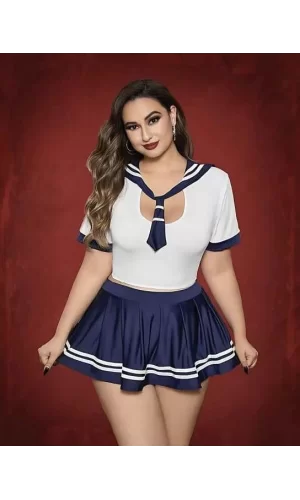 Luz&Pos Arias Closet Büyük Beden Lacivert Mini Etekli Fantezi Denizci Kostümü
