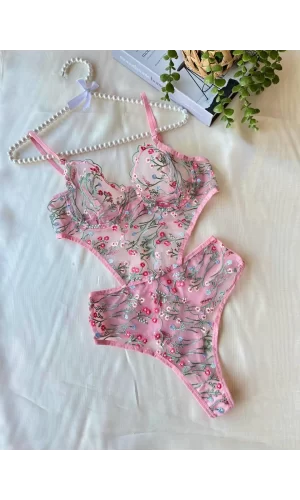 Luz&Pos Arias Closet Çiçek Dal Desenli Pembe Bodysuit