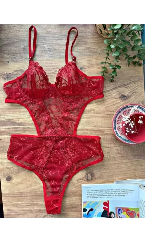 Luz&Pos Arias Closet Çiçek Desenli Kırmızı Bodysuit