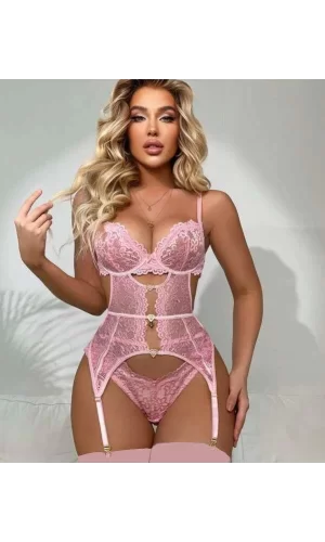 Luz&Pos Arias Closet Kalp Aksesuarlı Dantelli Fantezi Pembe Jartiyer Takım