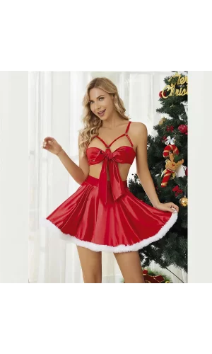 Luz&Pos Arias Closet Kırmızı Göğüs Kurdelalı Şık Görünümlü Arkası Açık Fantezi Saten Gecelik