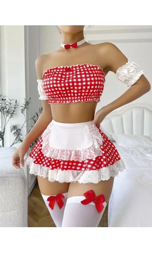 Luz&Pos Arias Closet Önlüklü Boyunluklu Çorapları Fiyonklu Fantezi Hizmetçi Kostümü