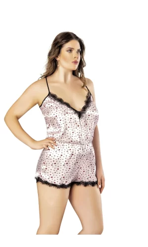Luz&Pos Arias Closet Öpücük Desenli Dantel İşlemeli Fantezi Büyük Beden Saten Babydoll Gecelik