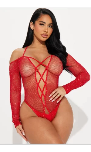 Luz&Pos Arias Closet Özel Tasarım Kırmızı Taşlı Fantezi Vücut Çorabı