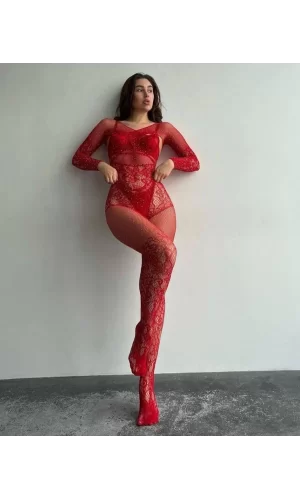 Luz&Pos Arias Closet Özel Tasarım Kırmızı Taşlı Fantezi Vücut Çorabı