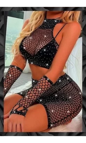 Luz&Pos Arias Closet Özel Tasarım Siyah Taşlı Fantezi Alt Üst Vücut Çorabı