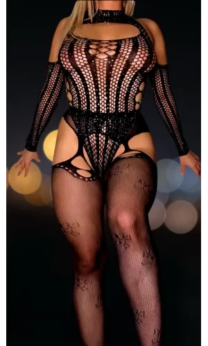 Luz&Pos Arias Closet Özel Tasarım Siyah Taşlı Fantezi Jartiyerli Vücut Çorabı