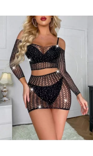 Luz&Pos Arias Closet Özel Tasarım Siyah Taşlı Fantezi Vücut Çorabı
