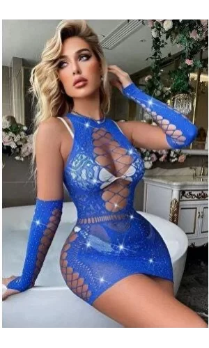 Luz&Pos Arias Closet Özel Tasarım Taşlı Mavi Fantezi Vücut Çorabı