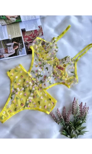 Luz&Pos Arias Closet Sarı Çiçek Desenli Bodysuit