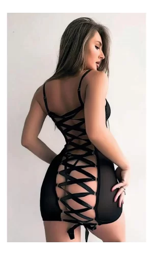 Luz&Pos Arias Closet Siyah Arkası İp Detaylı Fantezi Mini Gecelik