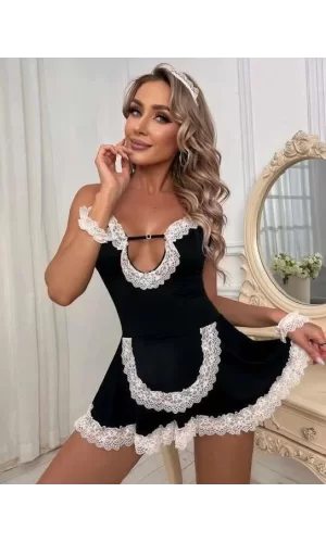 Luz&Pos Arias Closet Siyah Beyaz Aksesuarlı Dantelli Fantezi Hizmetçi Kostümü